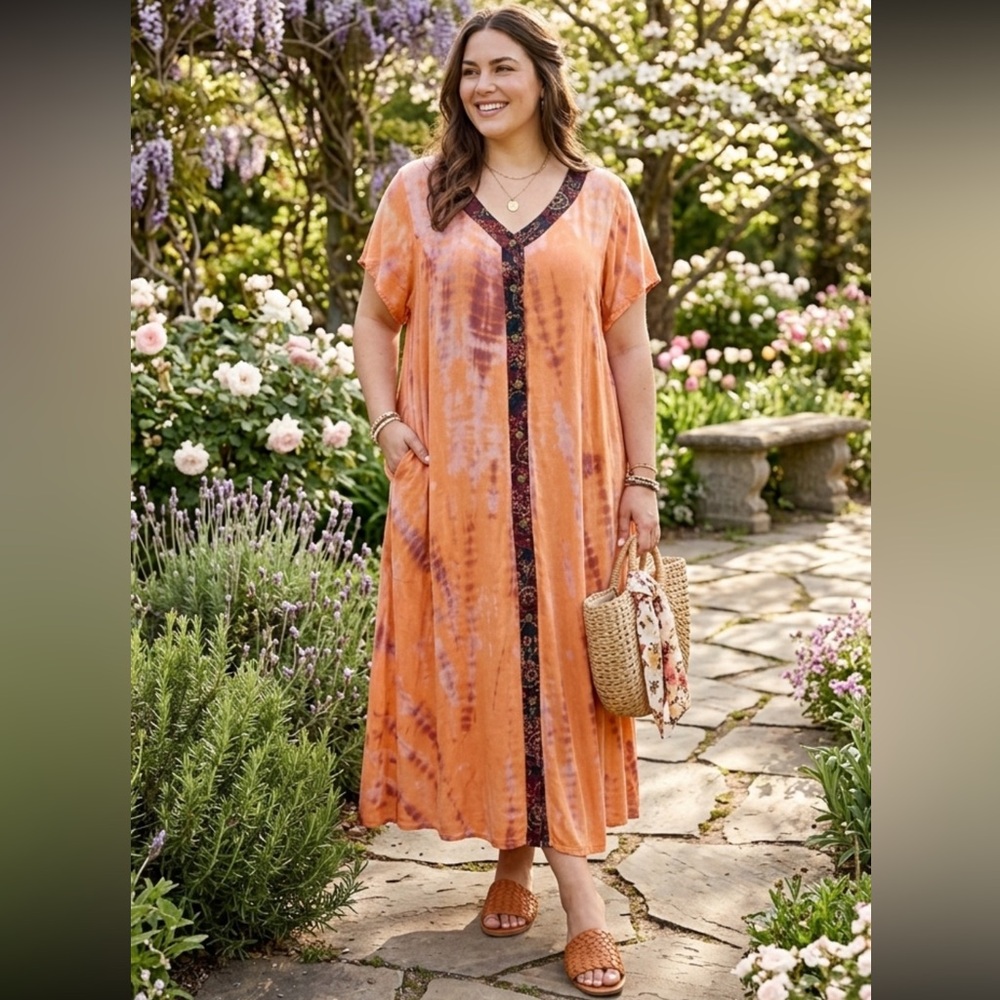 Soft Surroundings Sunset Bali Orange Tie-Dye Button Front Maxi Dress
